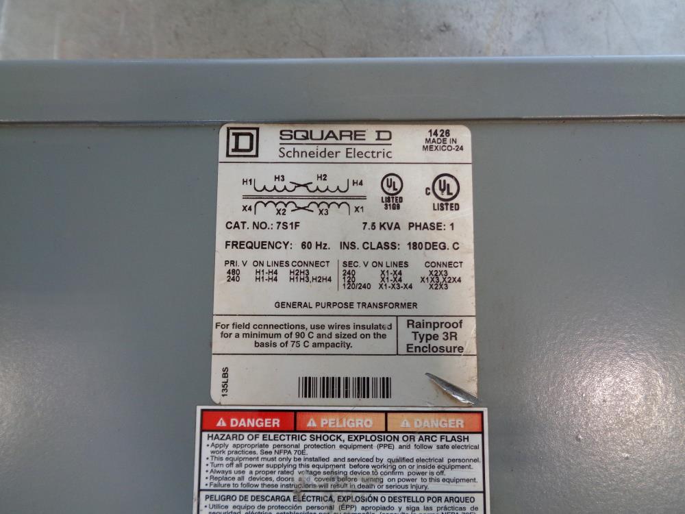 Square D General Purpose Transformer 7S1F, 7.5 KVA, Phase 1